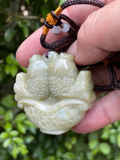 Natural Certified Burmese Jadeite Jade Pendant – Icy Apple and Olive Green – Hand-Carved Twin Fish in Treasure Basin Motif – Necklace Included – JP038