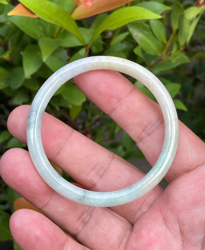Natural Burmese Jadeite Jade Bangle – Icy Milky White with Bluish Green & Yellow – Princess Cut – 54.7mm – JB753