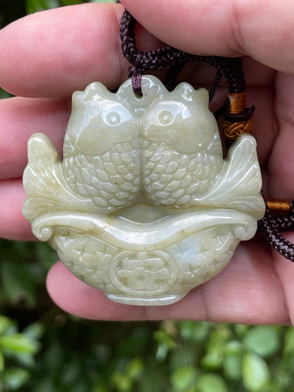 Natural Certified Burmese Jadeite Jade Pendant – Icy Apple and Olive Green – Hand-Carved Twin Fish in Treasure Basin Motif – Necklace Included – JP038