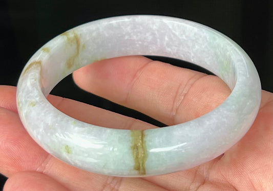 Natural Burmese Jadeite Jade Bangle – Icy Greyish Milky White with Apple Green and Honey Hues – 58.2mm – JB534