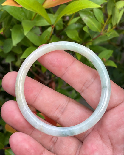 Natural Burmese Jadeite Jade Bangle – Icy Milky White with Bluish Green & Yellow – Princess Cut – 54.7mm – JB753