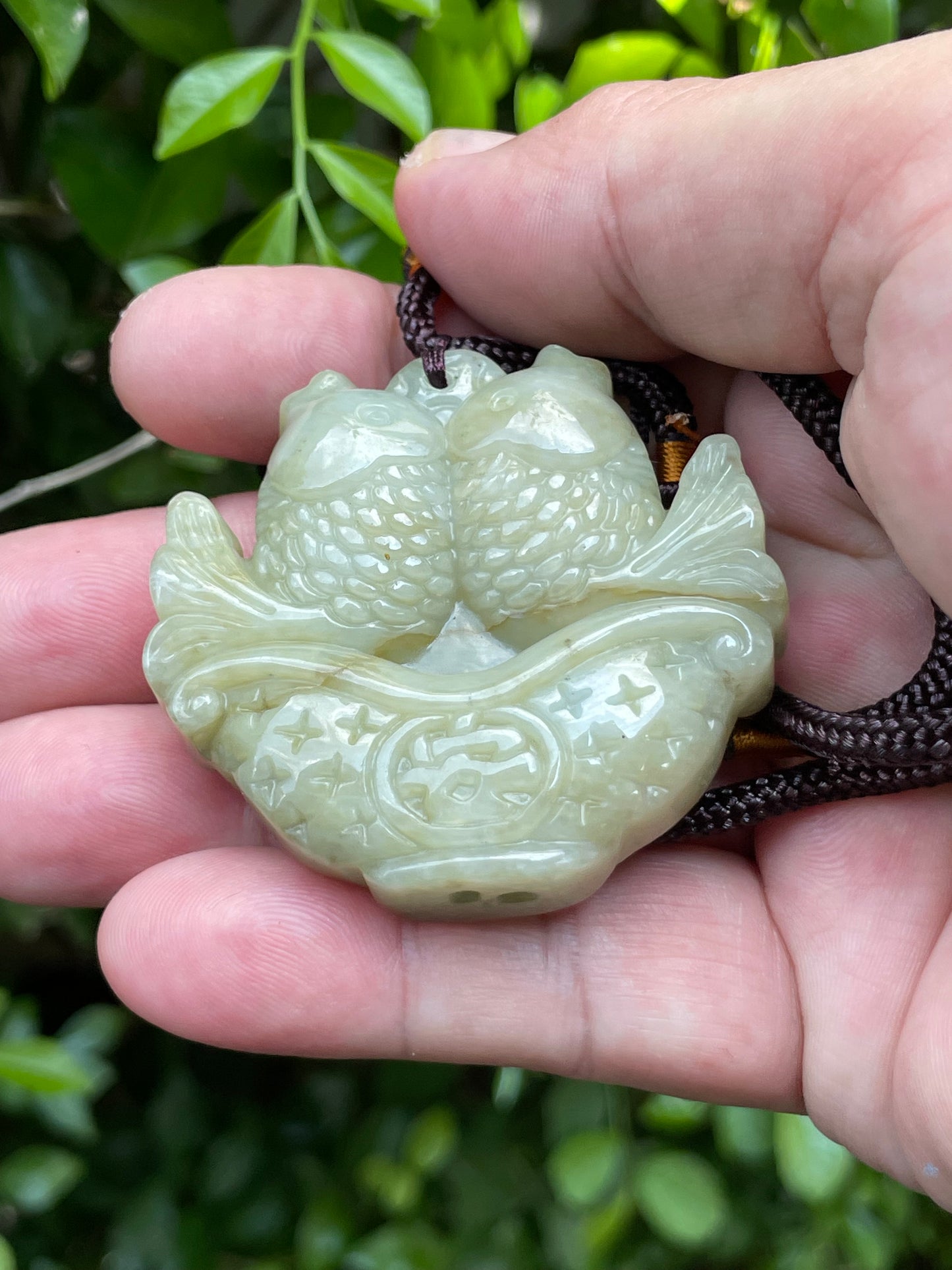 Natural Certified Burmese Jadeite Jade Pendant – Icy Apple and Olive Green – Hand-Carved Twin Fish in Treasure Basin Motif – Necklace Included – JP038