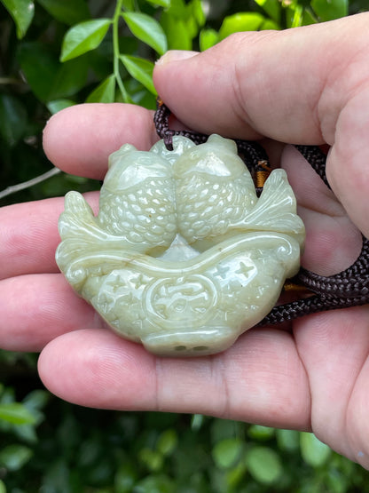 Natural Certified Burmese Jadeite Jade Pendant – Icy Apple and Olive Green – Hand-Carved Twin Fish in Treasure Basin Motif – Necklace Included – JP038