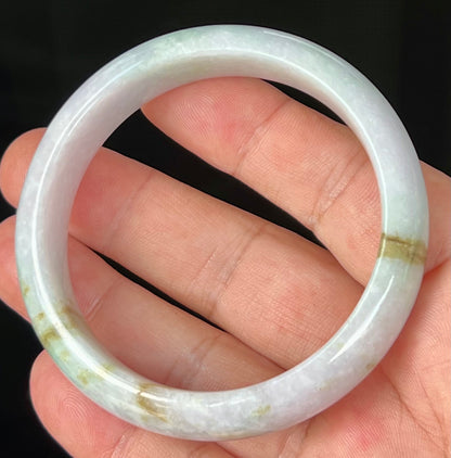 Natural Burmese Jadeite Jade Bangle – Icy Greyish Milky White with Apple Green and Honey Hues – 58.2mm – JB534