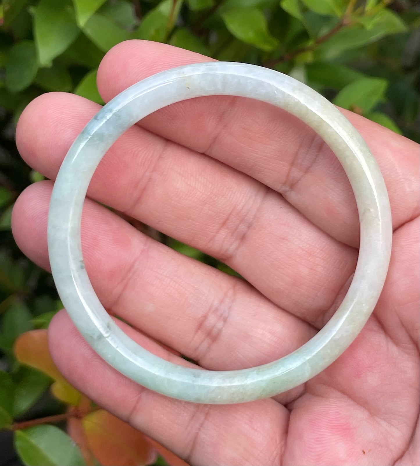 Natural Burmese Jadeite Jade Bangle – Icy Milky White with Bluish Green & Yellow – Princess Cut – 54.7mm – JB753