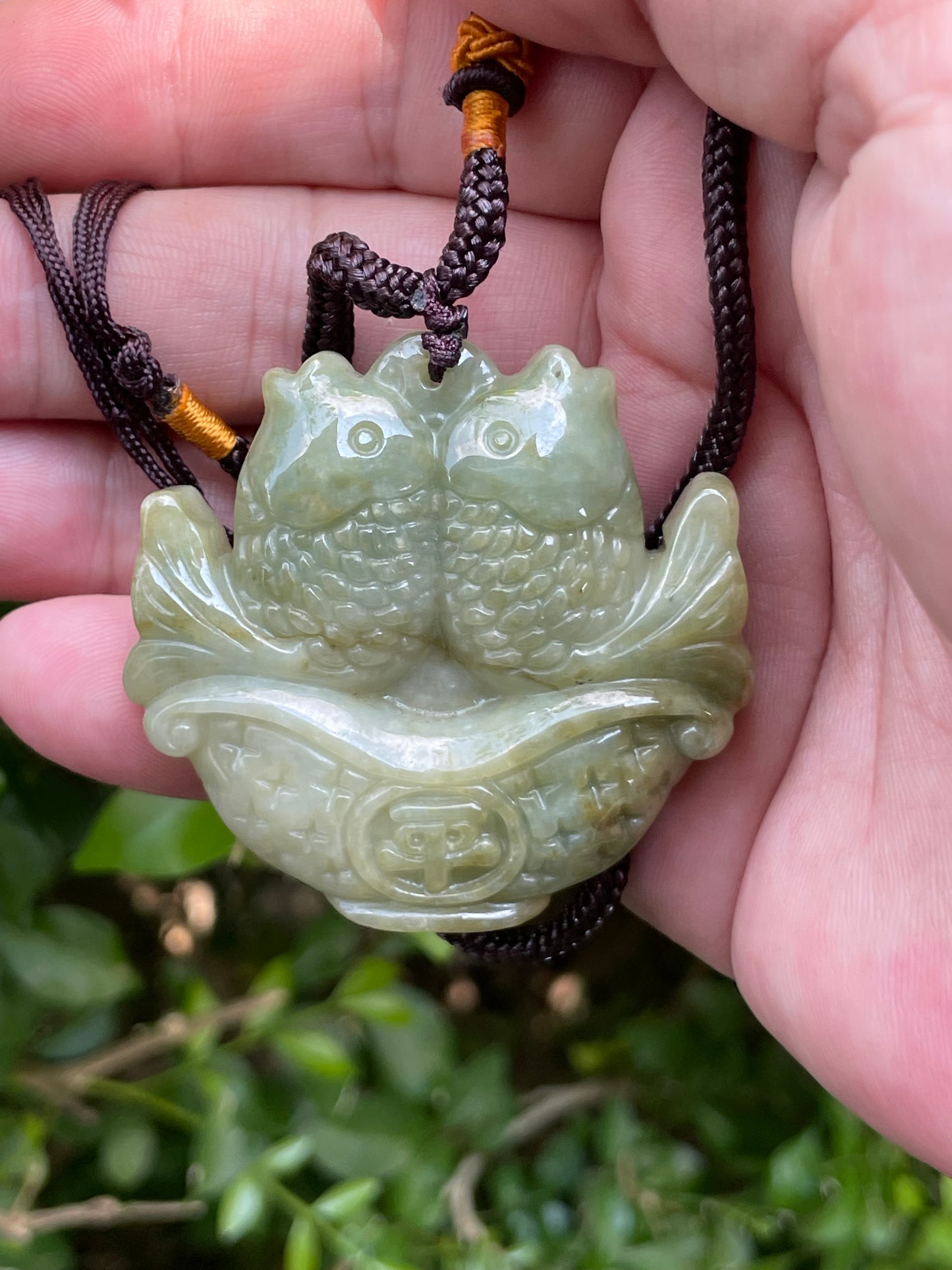 Natural Certified Burmese Jadeite Jade Pendant – Icy Apple and Olive Green – Hand-Carved Twin Fish in Treasure Basin Motif – Necklace Included – JP038