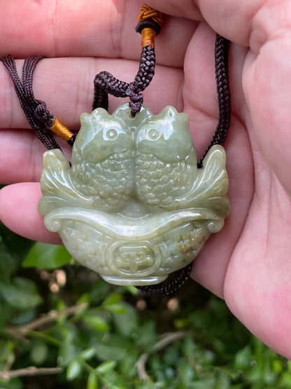 Natural Certified Burmese Jadeite Jade Pendant – Icy Apple and Olive Green – Hand-Carved Twin Fish in Treasure Basin Motif – Necklace Included – JP038