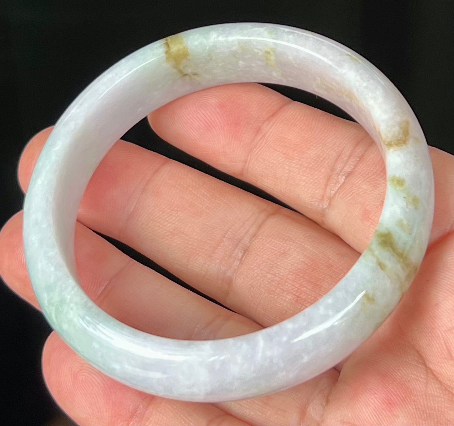 Natural Burmese Jadeite Jade Bangle – Icy Greyish Milky White with Apple Green and Honey Hues – 58.2mm – JB534