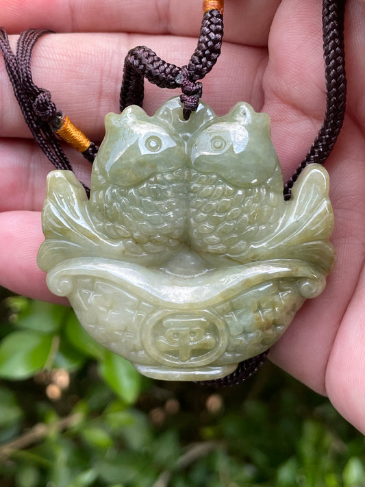 Natural Certified Burmese Jadeite Jade Pendant – Icy Apple and Olive Green – Hand-Carved Twin Fish in Treasure Basin Motif – Necklace Included – JP038