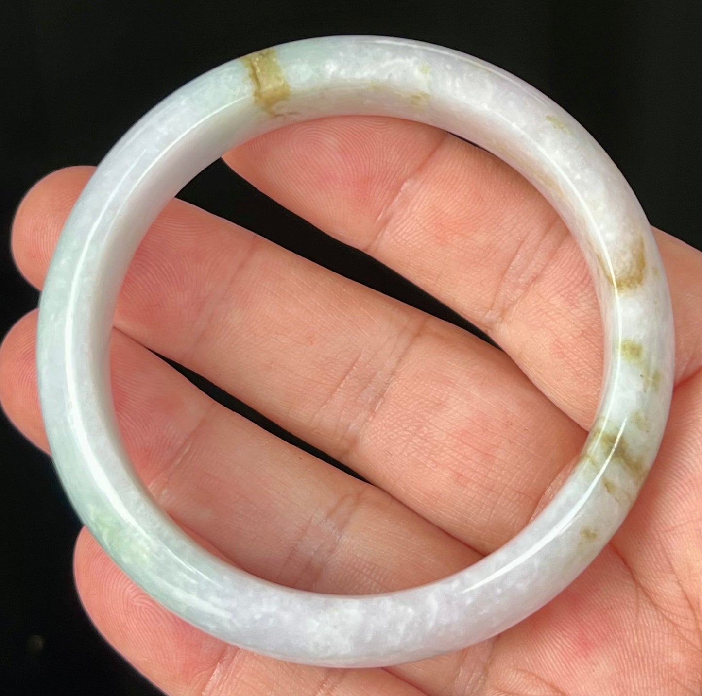 Natural Burmese Jadeite Jade Bangle – Icy Greyish Milky White with Apple Green and Honey Hues – 58.2mm – JB534