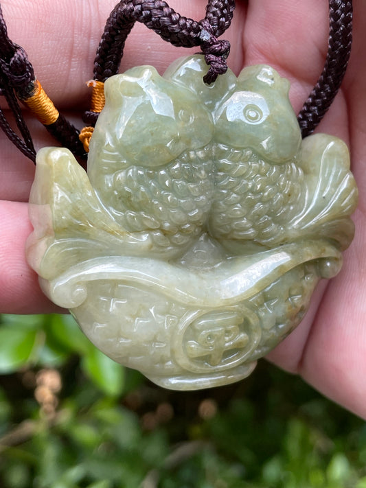 Natural Certified Burmese Jadeite Jade Pendant – Icy Apple and Olive Green – Hand-Carved Twin Fish in Treasure Basin Motif – Necklace Included – JP038