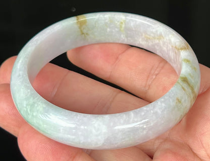 Natural Burmese Jadeite Jade Bangle – Icy Greyish Milky White with Apple Green and Honey Hues – 58.2mm – JB534