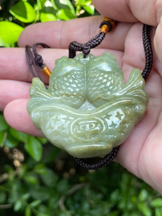 Natural Grade A Certified Burmese Jadeite Jade Pendant – Icy Apple and Olive Green – Hand-Carved Twin Fish in Treasure Basin Motif – Necklace – JP038