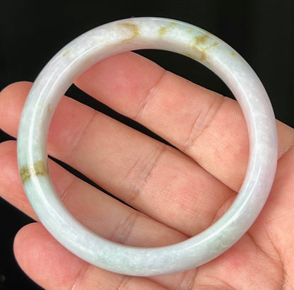 Natural Burmese Jadeite Jade Bangle – Icy Greyish Milky White with Apple Green and Honey Hues – 58.2mm – JB534