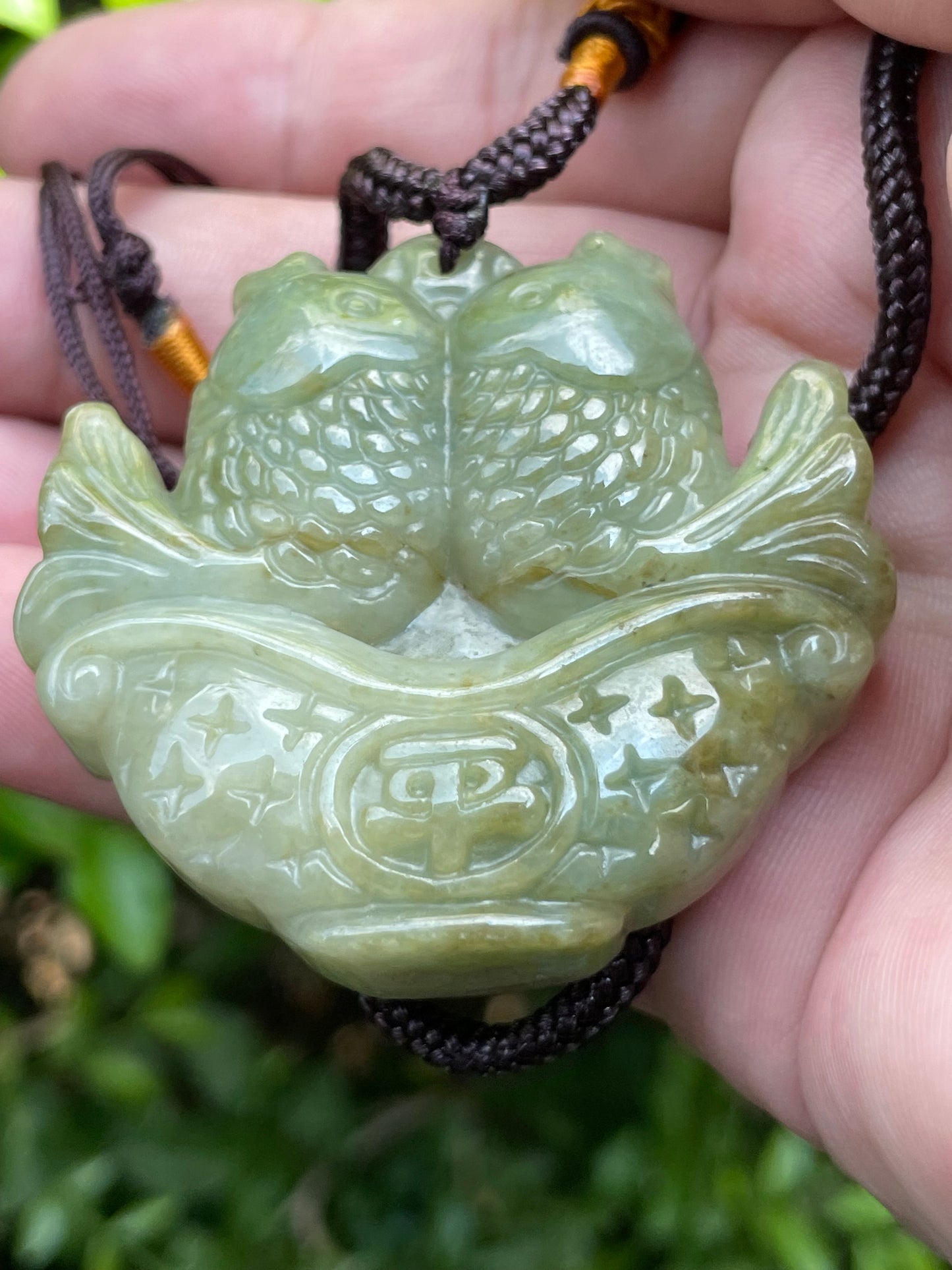 Natural Certified Burmese Jadeite Jade Pendant – Icy Apple and Olive Green – Hand-Carved Twin Fish in Treasure Basin Motif – Necklace Included – JP038