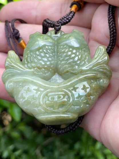 Natural Certified Burmese Jadeite Jade Pendant – Icy Apple and Olive Green – Hand-Carved Twin Fish in Treasure Basin Motif – Necklace Included – JP038