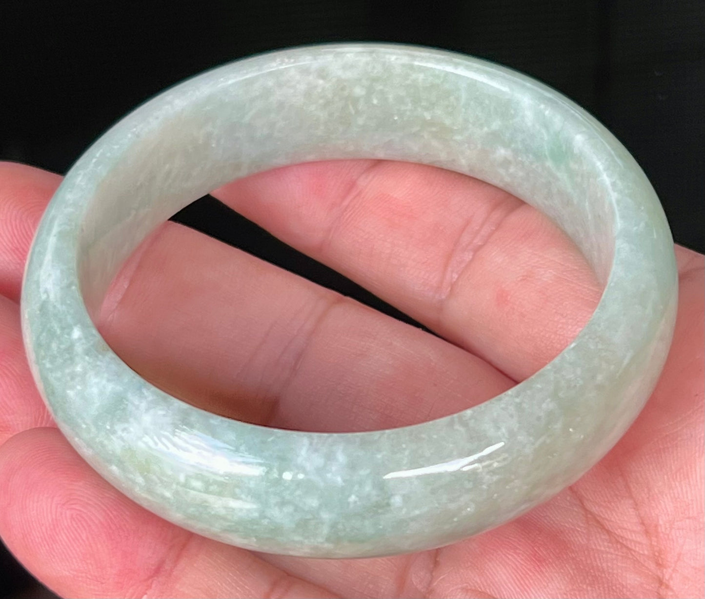 Natural Certified Burmese Jadeite Jade Bangle – Icy Light Apple Green with Milky White Hues – 58.2mm – JB536