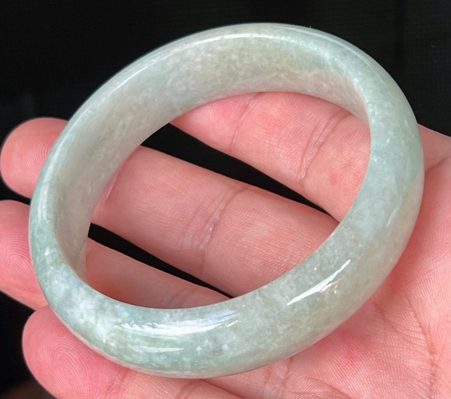 Natural Certified Burmese Jadeite Jade Bangle – Icy Light Apple Green with Milky White Hues – 58.2mm – JB536