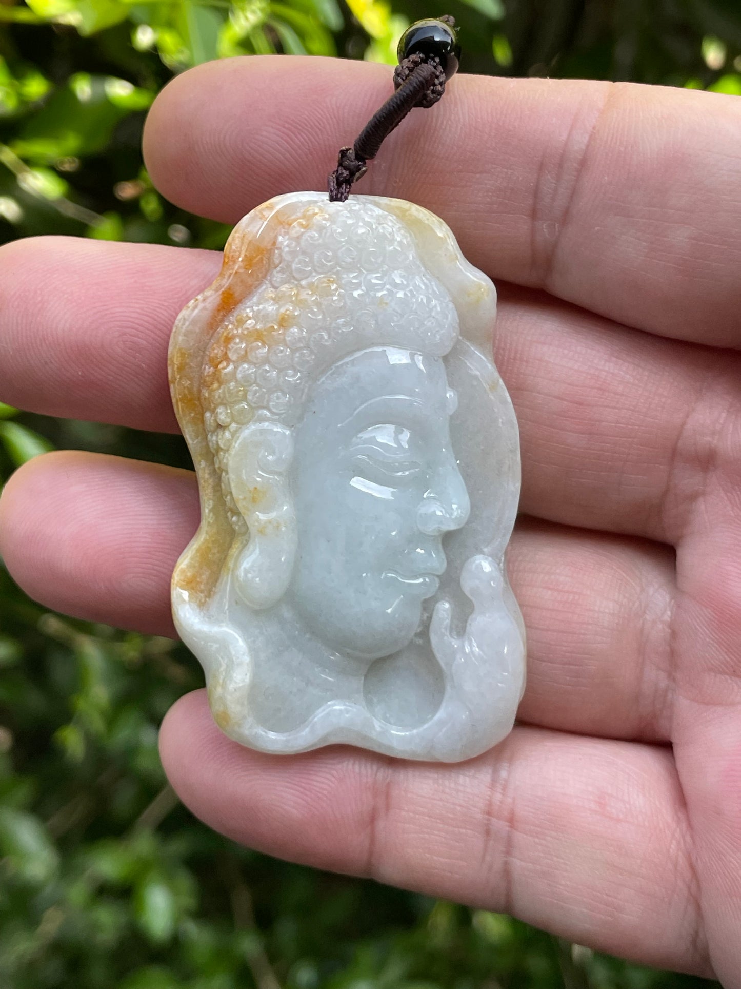 Natural Certified Burmese Jadeite Jade Pendant – Milky White & Golden – Hand-Carved Buddha Motif – Necklace Included – JP027