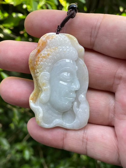 Natural Certified Burmese Jadeite Jade Pendant – Milky White & Golden – Hand-Carved Buddha Motif – Necklace Included – JP027