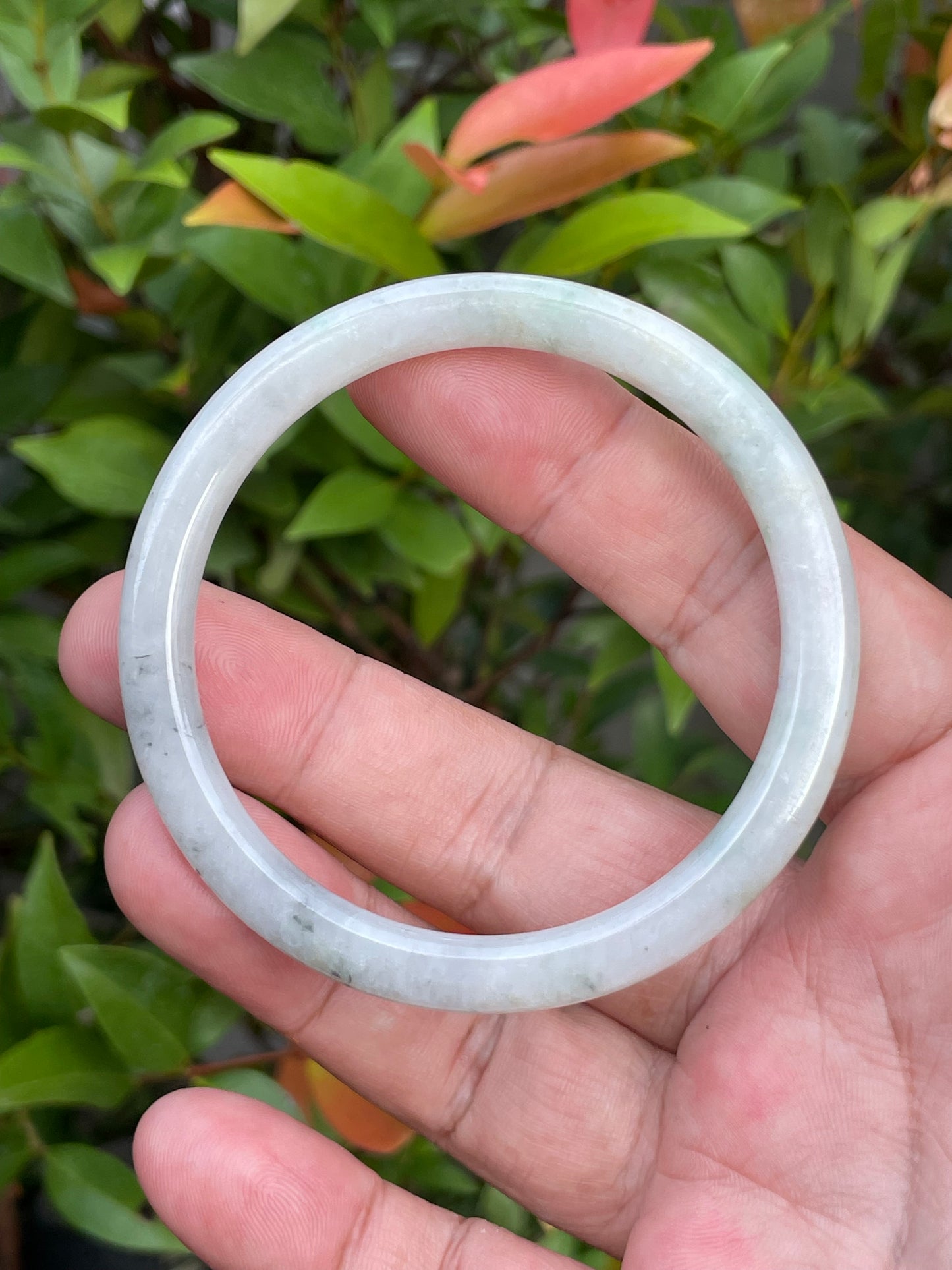 Natural Burmese Jadeite Jade Bangle – Icy Greyish Milky White with Green – Princess Cut – 56.7mm – JB751