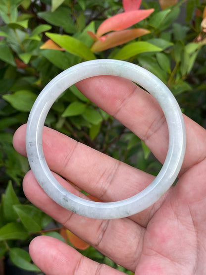 Natural Burmese Jadeite Jade Bangle – Icy Greyish Milky White with Green – Princess Cut – 56.7mm – JB751