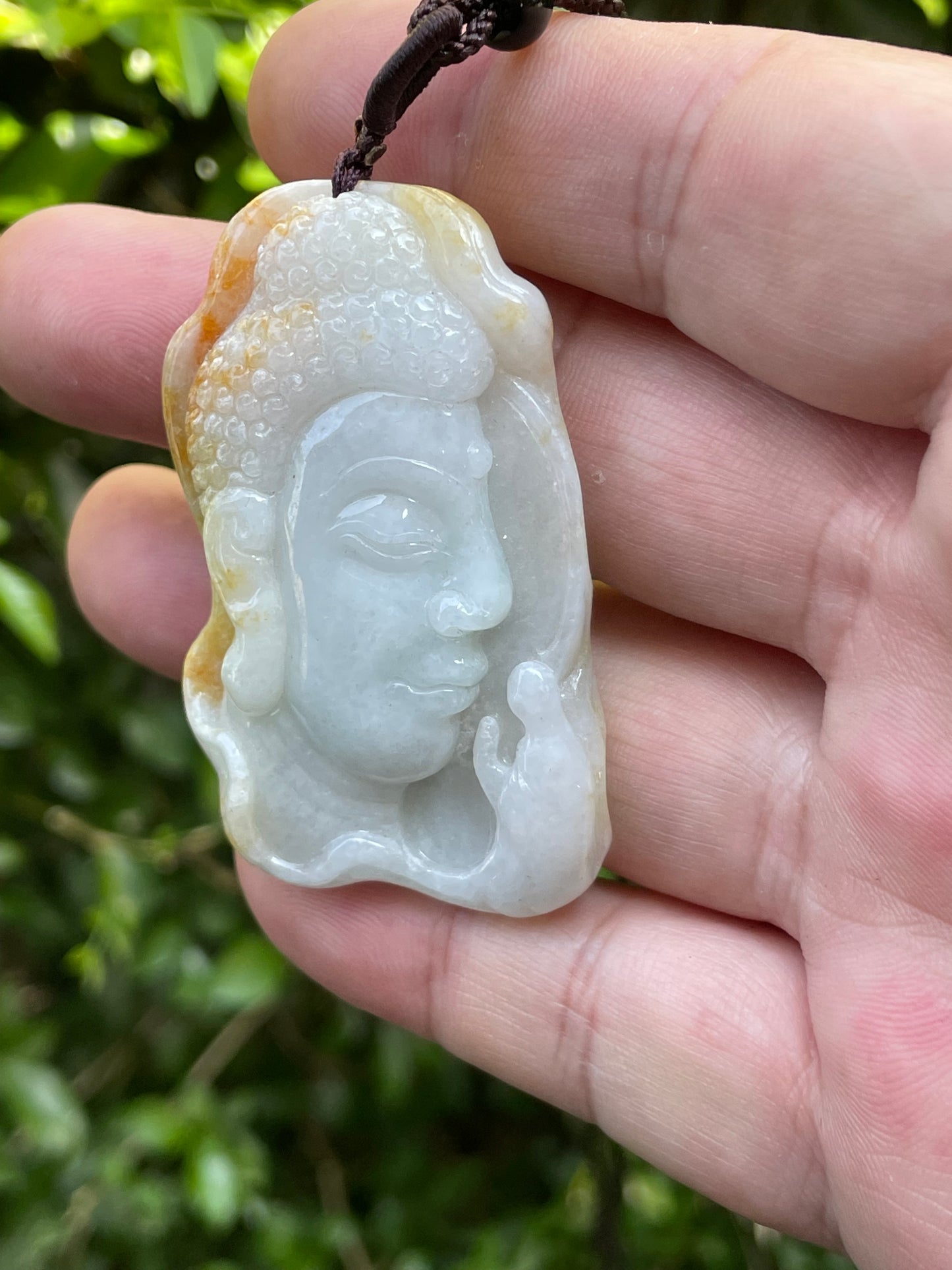 Natural Certified Burmese Jadeite Jade Pendant – Milky White & Golden – Hand-Carved Buddha Motif – Necklace Included – JP027
