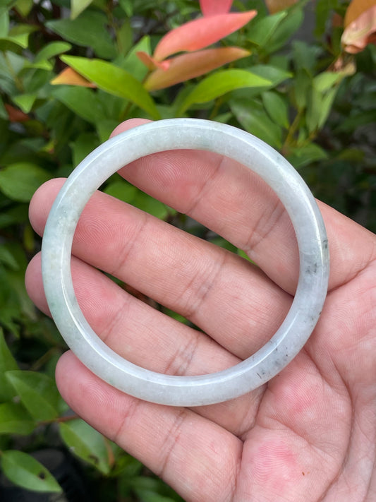 Natural Burmese Jadeite Jade Bangle – Icy Greyish Milky White with Green – Princess Cut – 56.7mm – JB751
