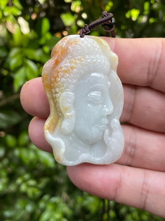 Natural Certified Burmese Jadeite Jade Pendant – Milky White & Golden – Hand-Carved Buddha Motif – Necklace Included – JP027