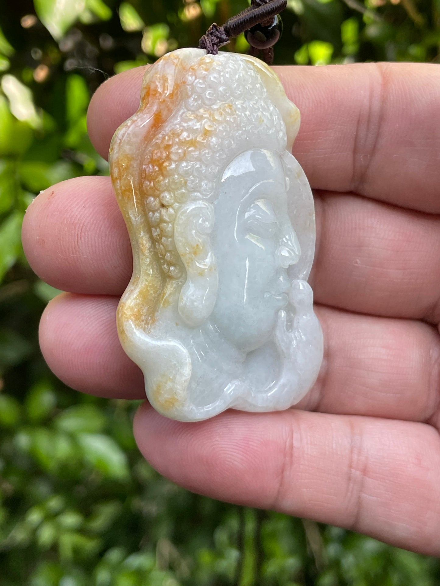 Natural Certified Burmese Jadeite Jade Pendant – Milky White & Golden – Hand-Carved Buddha Motif – Necklace Included – JP027