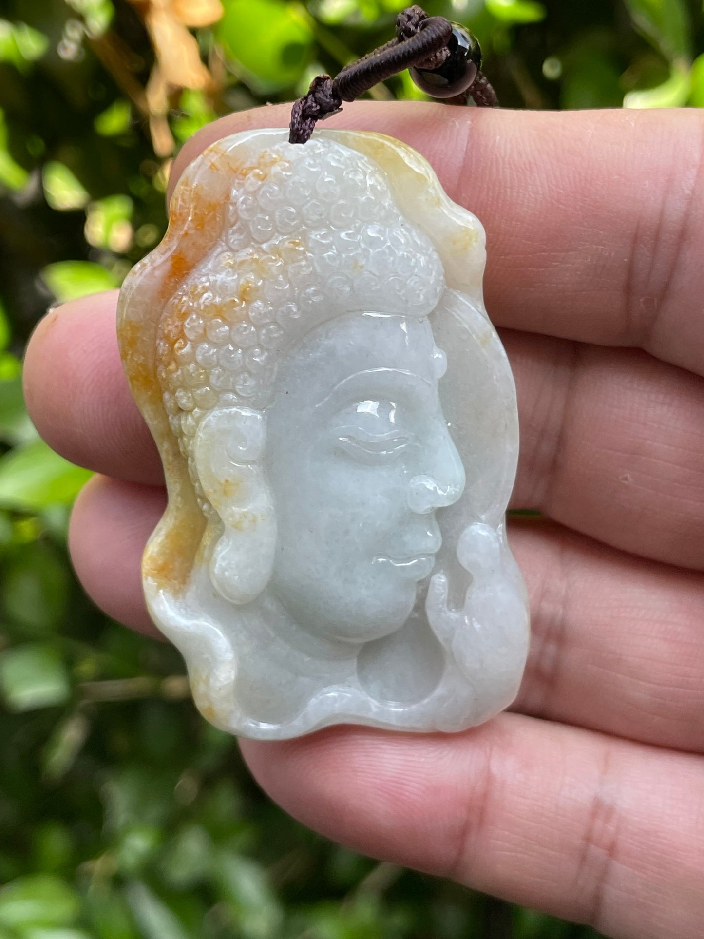 Natural Certified Burmese Jadeite Jade Pendant – Milky White & Golden – Hand-Carved Buddha Motif – Necklace Included – JP027
