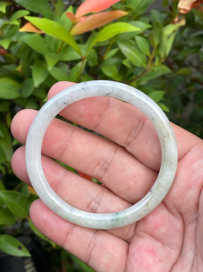 Natural Burmese Jadeite Jade Bangle – Icy Greyish Milky White with Green – Princess Cut – 56.7mm – JB751