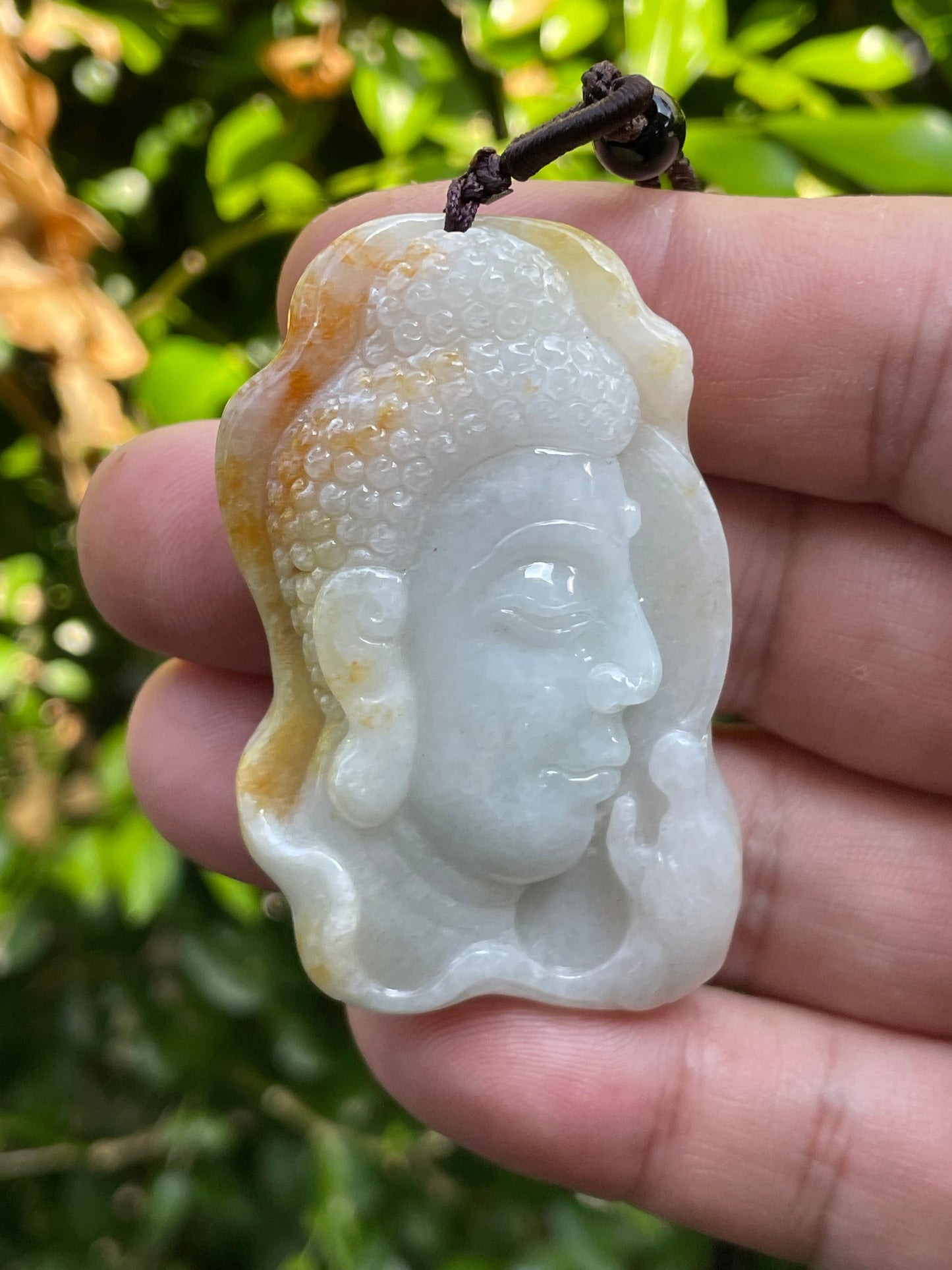 Natural Certified Burmese Jadeite Jade Pendant – Milky White & Golden – Hand-Carved Buddha Motif – Necklace Included – JP027