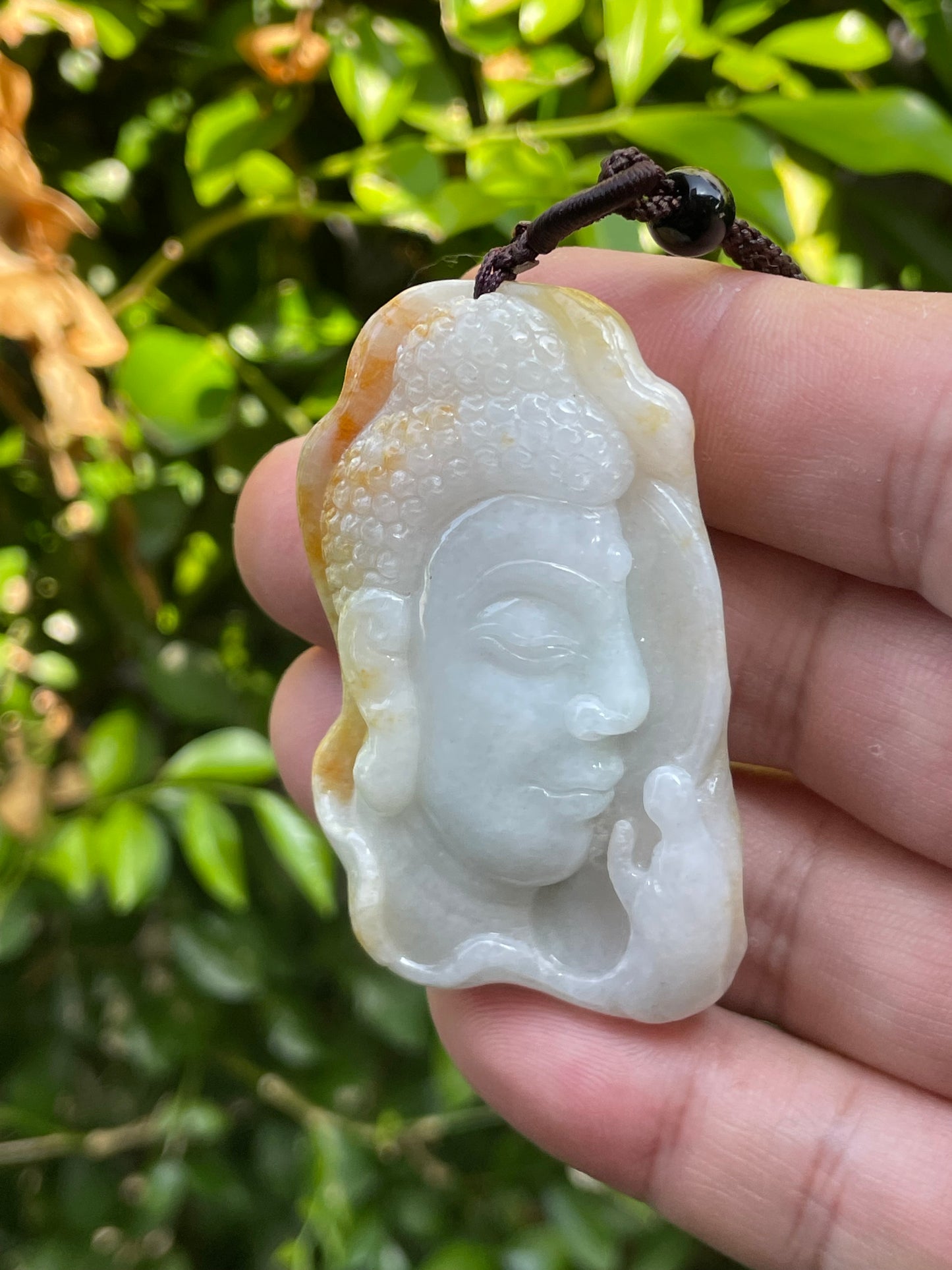 Natural Certified Burmese Jadeite Jade Pendant – Milky White & Golden – Hand-Carved Buddha Motif – Necklace Included – JP027