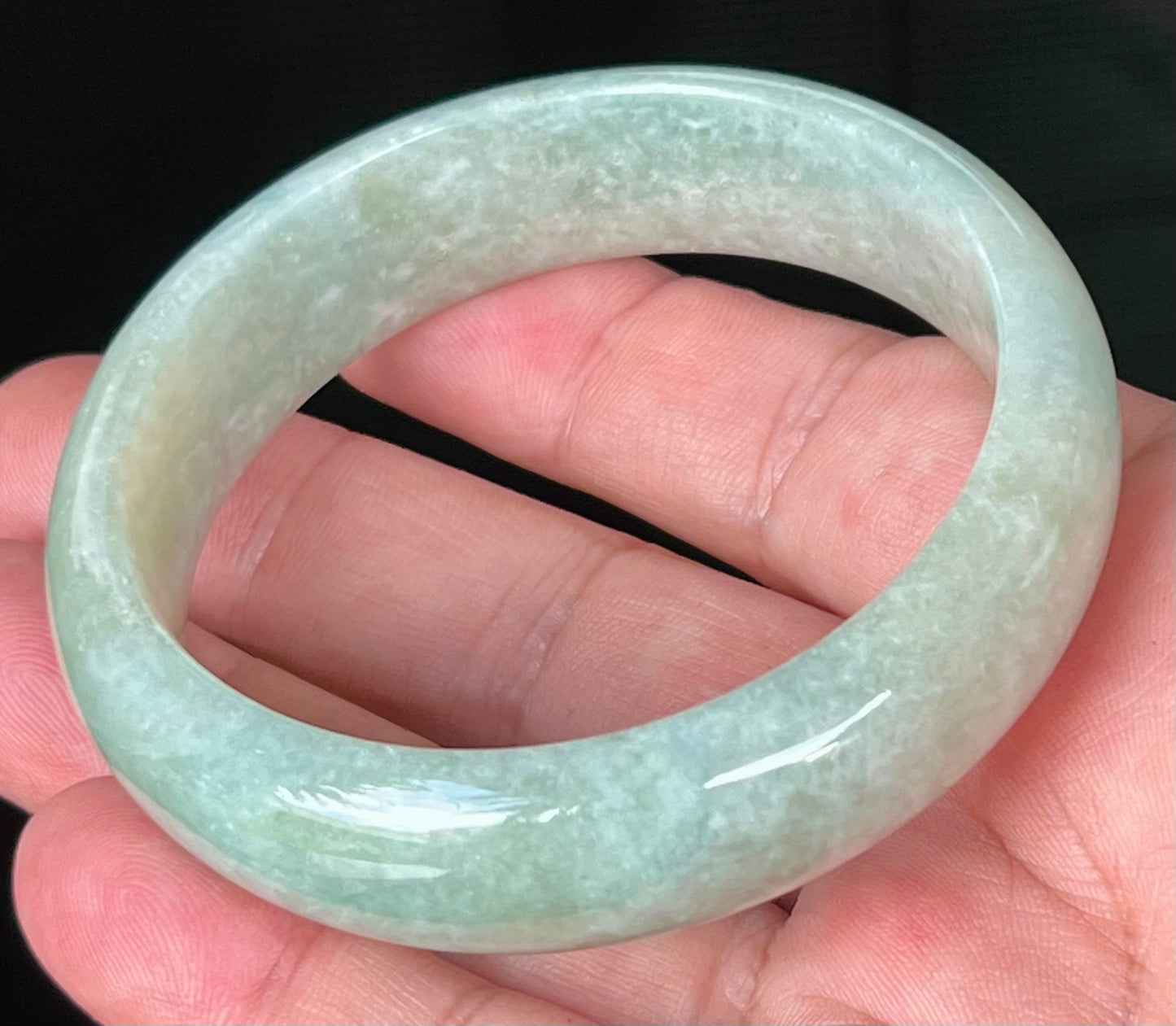 Natural Certified Burmese Jadeite Jade Bangle – Icy Light Apple Green with Milky White Hues – 58.2mm – JB536