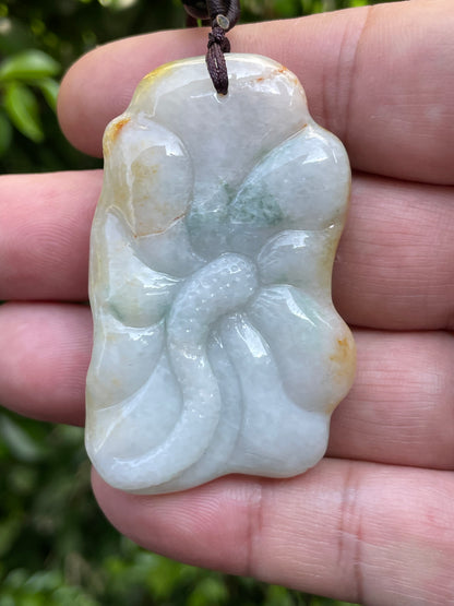 Natural Certified Burmese Jadeite Jade Pendant – Milky White & Golden – Hand-Carved Buddha Motif – Necklace Included – JP027