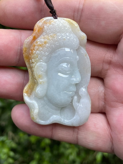 Natural Certified Burmese Jadeite Jade Pendant – Milky White & Golden – Hand-Carved Buddha Motif – Necklace Included – JP027