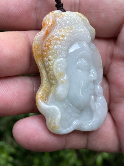 Natural Certified Burmese Jadeite Jade Pendant – Milky White & Golden – Hand-Carved Buddha Motif – Necklace Included – JP027