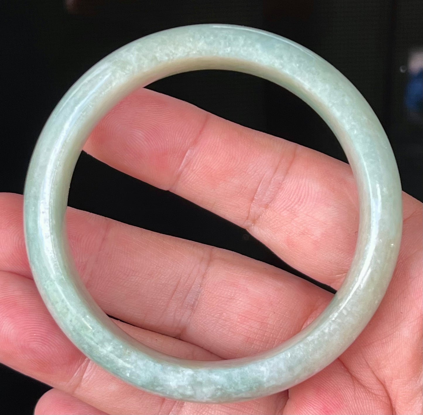Natural Certified Burmese Jadeite Jade Bangle – Icy Light Apple Green with Milky White Hues – 58.2mm – JB536