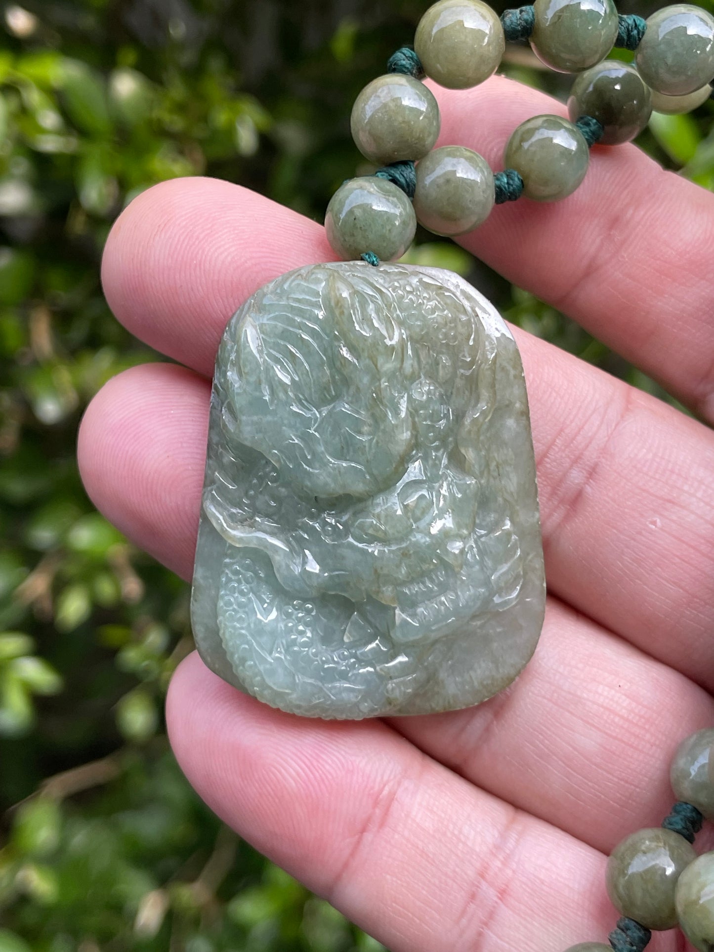 Natural Certified Burmese Jadeite Jade Pendant – Green – Hand-Carved Dragon Motif – Beaded Necklace Included – JP066