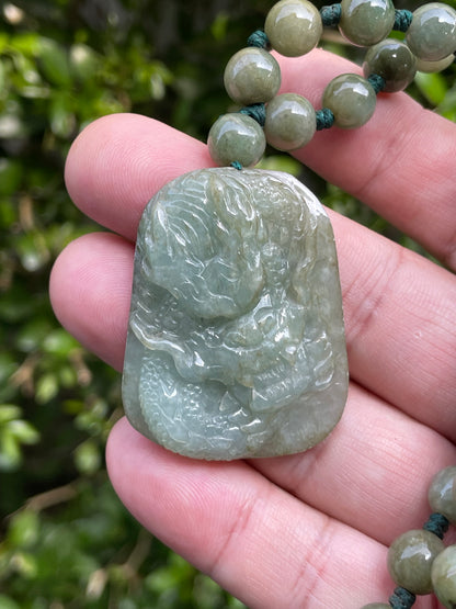 Natural Certified Burmese Jadeite Jade Pendant – Green – Hand-Carved Dragon Motif – Beaded Necklace Included – JP066