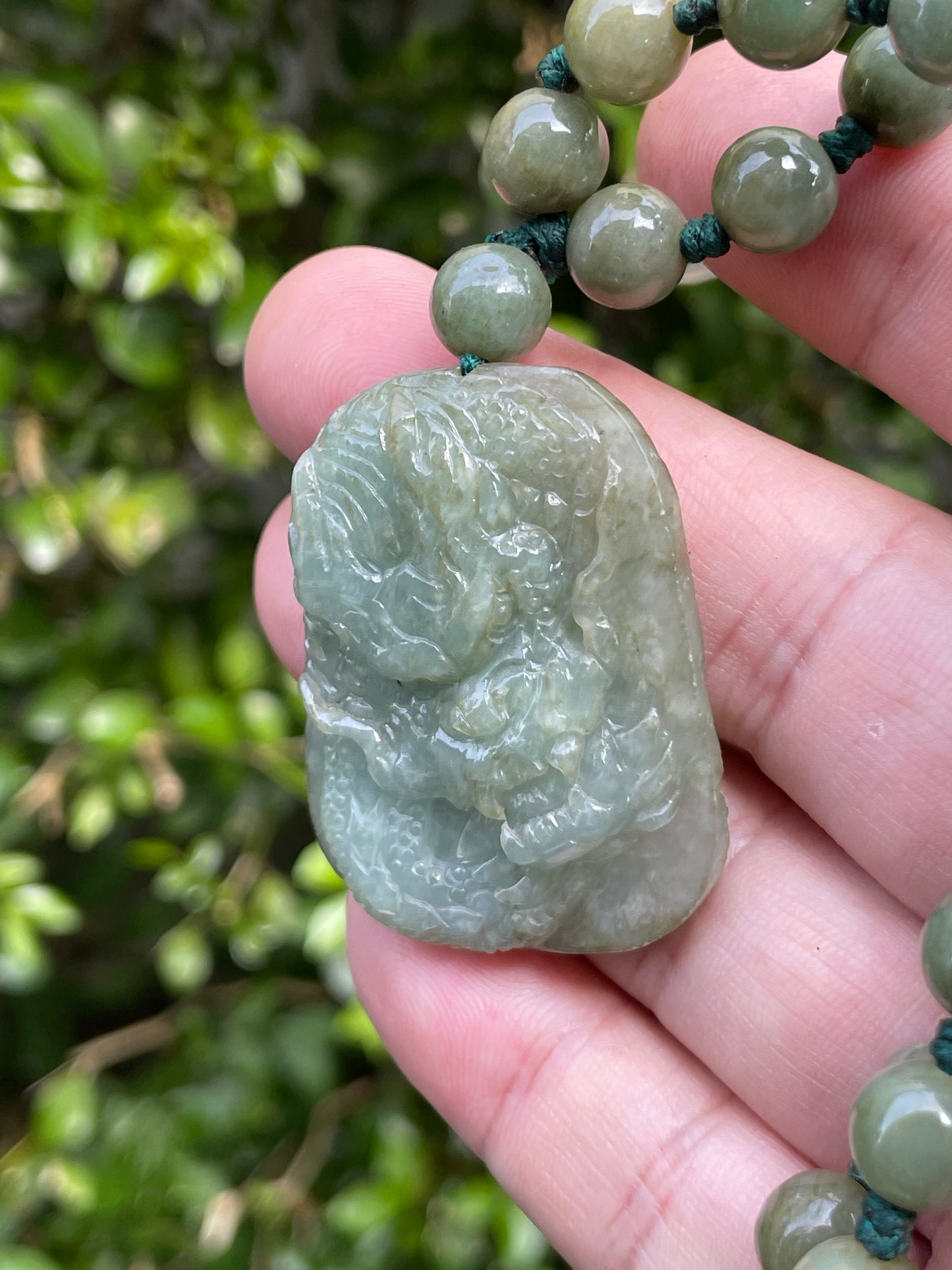 Natural Certified Burmese Jadeite Jade Pendant – Green – Hand-Carved Dragon Motif – Beaded Necklace Included – JP066