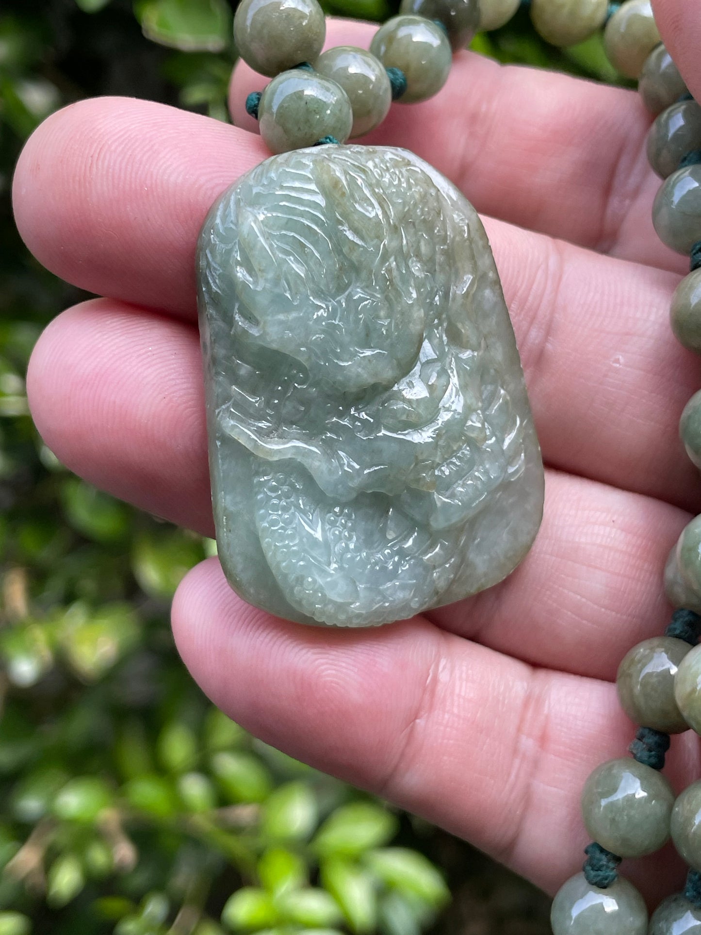 Natural Certified Burmese Jadeite Jade Pendant – Green – Hand-Carved Dragon Motif – Beaded Necklace Included – JP066
