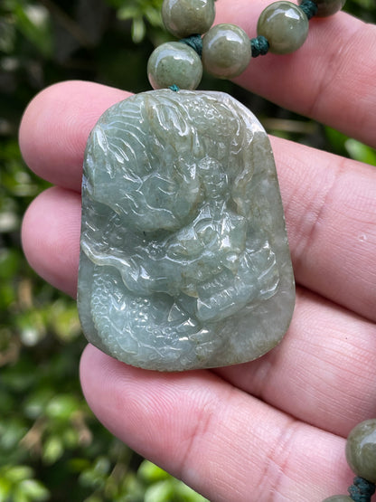 Natural Certified Burmese Jadeite Jade Pendant – Green – Hand-Carved Dragon Motif – Beaded Necklace Included – JP066