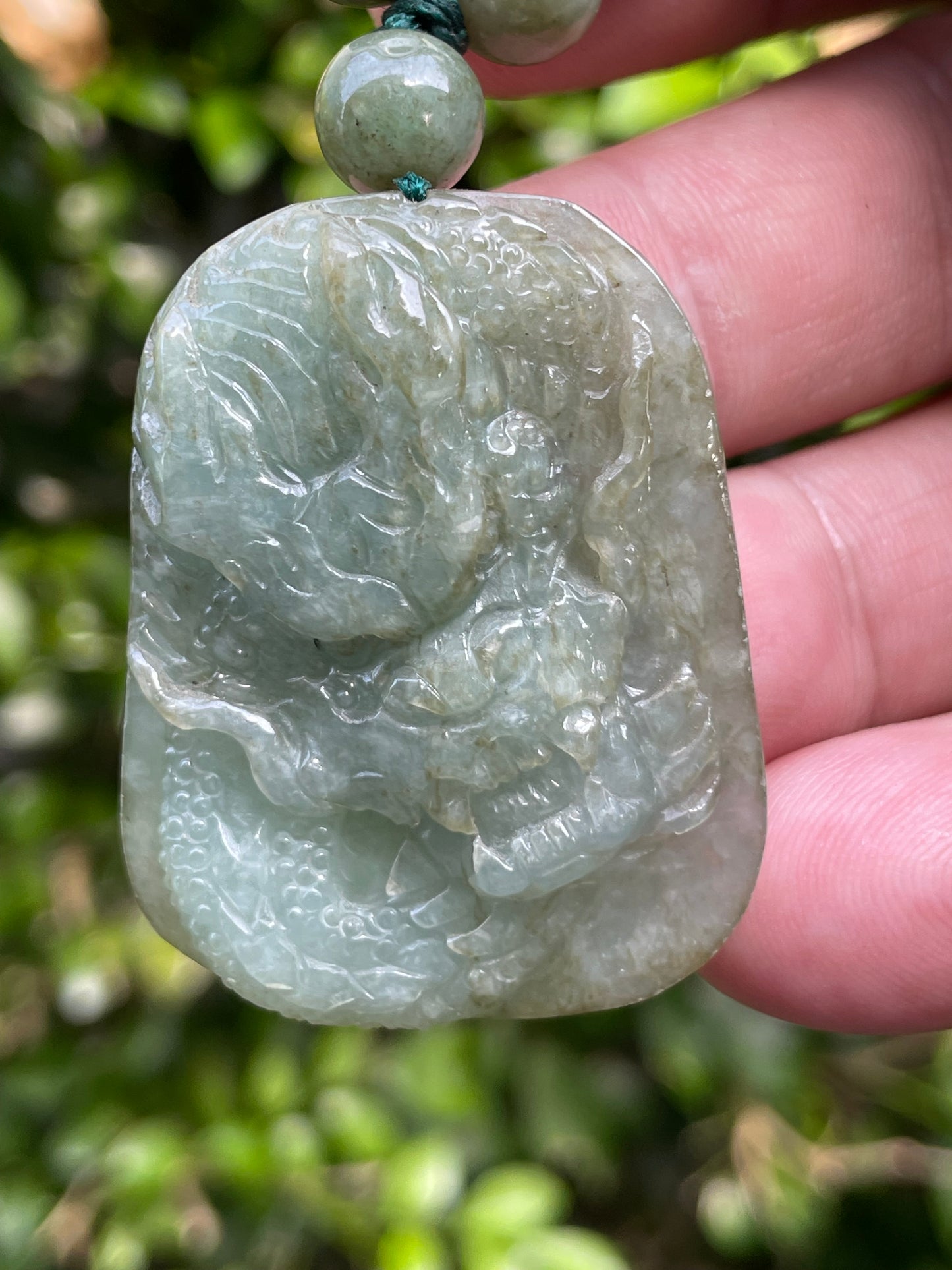 Natural Certified Burmese Jadeite Jade Pendant – Green – Hand-Carved Dragon Motif – Beaded Necklace Included – JP066
