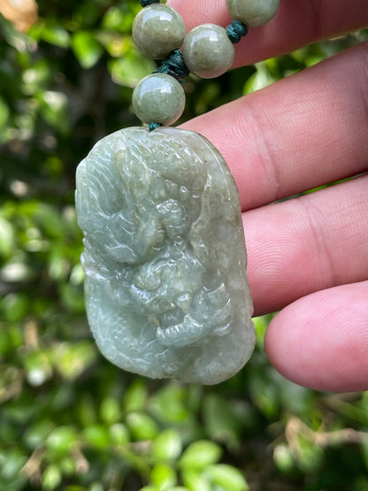 Natural Certified Burmese Jadeite Jade Pendant – Green – Hand-Carved Dragon Motif – Beaded Necklace Included – JP066
