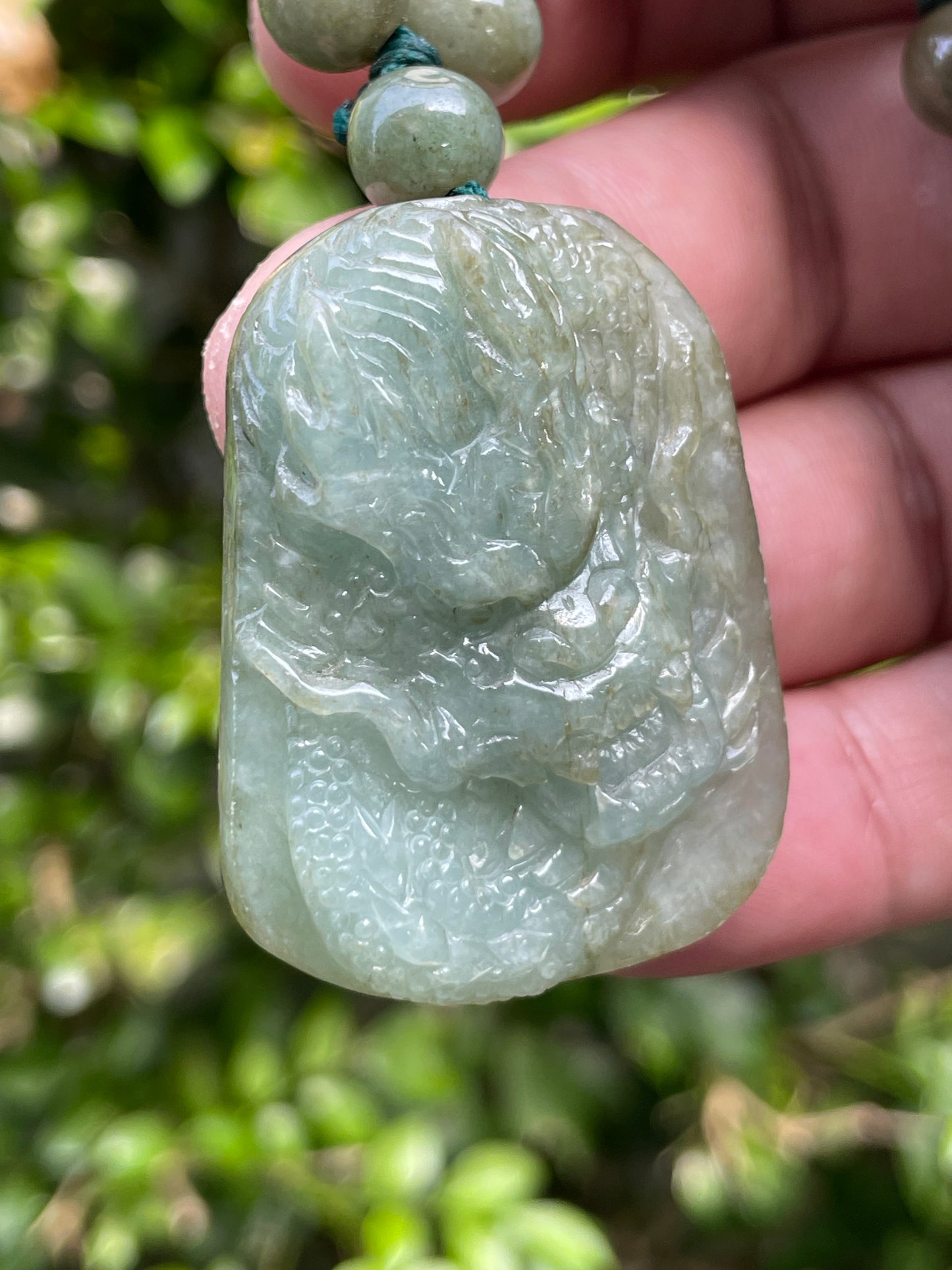 Natural Certified Burmese Jadeite Jade Pendant – Green – Hand-Carved Dragon Motif – Beaded Necklace Included – JP066