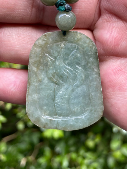 Natural Certified Burmese Jadeite Jade Pendant – Green – Hand-Carved Dragon Motif – Beaded Necklace Included – JP066