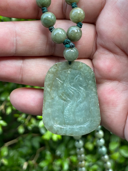 Natural Certified Burmese Jadeite Jade Pendant – Green – Hand-Carved Dragon Motif – Beaded Necklace Included – JP066