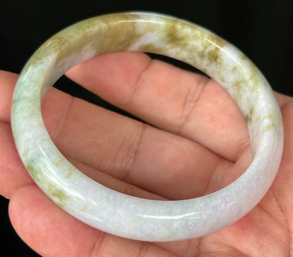 Natural Certified Burmese Jadeite Jade Bangle – Icy Milky White with Moss Green and Light Brown Hues – 58.4mm – JB535